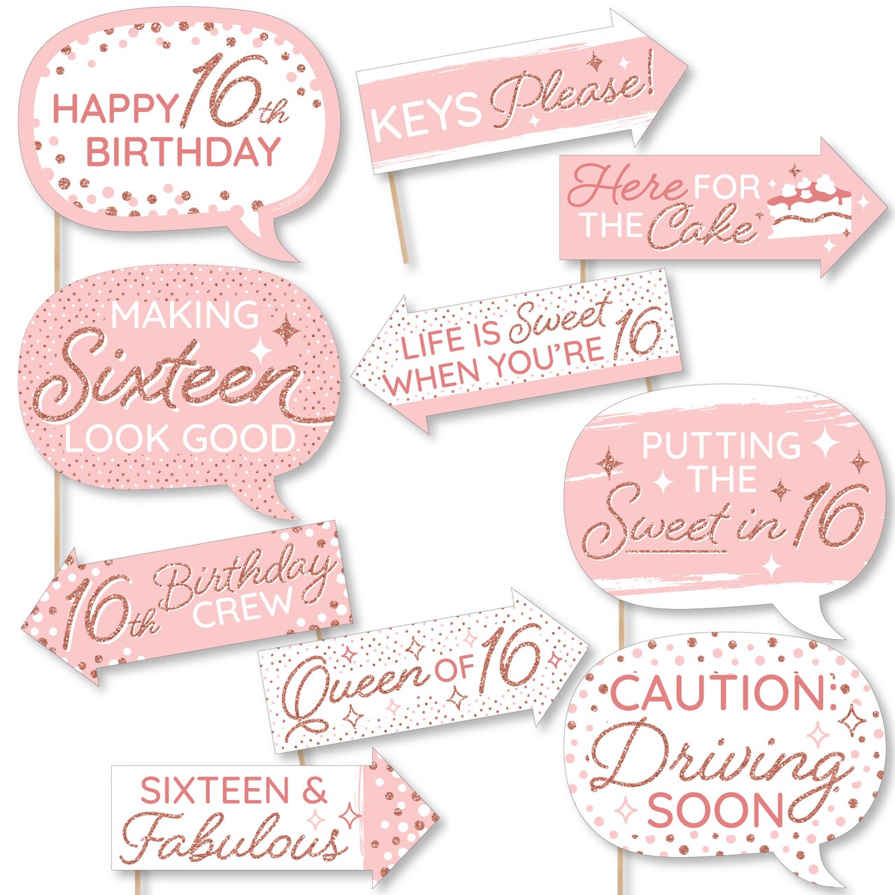 Big Dot of Happiness Funny 16th Pink Rose Gold Birthday - Happy Birthday Party Photo Booth Props Kit - 10 Piece